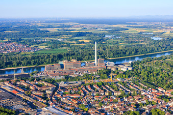 View of the district from the north, extending to the GKM power plant on the Rhine from the north in the district Neckarau in Mannheim in the state Baden-Wuerttemberg, Germany