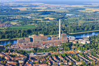View of the district from the north, extending to the GKM power plant on the Rhine from the north in the district Neckarau in Mannheim in the state Baden-Wuerttemberg, Germany