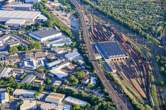 Tracks and hall at the freight yard of DB Cargo AG and Rhenus in the district Neckarau in Mannheim in the state Baden-Wuerttemberg, Germany