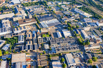 Floßwörthstraße industrial park from the southeast with transmed Transport GmbH branch METRO Alte Schildkrötfabrik and PHOENIX Pharma SE in the district Neckarau in Mannheim in the state Baden-Wuerttemberg, Germany