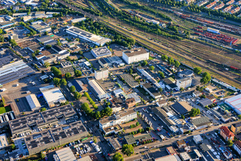 Floßwörthstraße industrial park from the southeast with tMKüchen vBus GmbH and häuselmann metall GmbH in the district Neckarau in Mannheim in the state Baden-Wuerttemberg, Germany