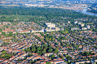 Overview of the district from the east, from August-Bebel-Park to the forest park on the Rhine riverbank in the district Neckarau in Mannheim in the state Baden-Wuerttemberg, Germany