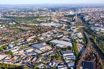 View of the district from the east, from the railway tracks to the Rhine, with Rhenus Automotive and John Deere GmbH & Co KG in the district Almenhof in Mannheim in the state Baden-Wuerttemberg, Germany