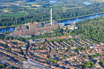 Old large power plant Mannheim on the Rhine bank from the north in the district Neckarau in Mannheim in the state Baden-Wuerttemberg, Germany