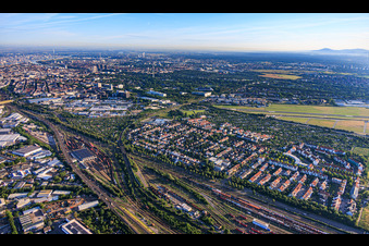 City view from the southeast between the marshalling yard, Mannheim City Airport and... in the district Oststadt in Mannheim in the state Baden-Wuerttemberg, Germany