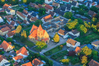 St. Michael's Catholic Church in the last light of evening in Insheim in the state Rhineland-Palatinate, Germany