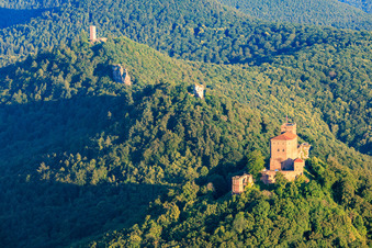 Three castles: Trifels, Anebos, Jungturm Münz and renovated tower Scharfenberg in the district Bindersbach in Annweiler am Trifels in the state Rhineland-Palatinate, Germany