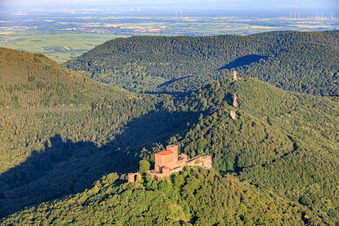 Three castles: Trifels, Anebos, Jungturm Münz and renovated tower Scharfenberg in the district Bindersbach in Annweiler am Trifels in the state Rhineland-Palatinate, Germany
