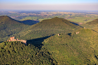 Three castles: Trifels, Anebos, Jungturm Münz and renovated tower Scharfenberg in the district Bindersbach in Annweiler am Trifels in the state Rhineland-Palatinate, Germany