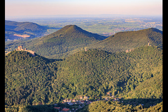Three castles from the southwest: Trifels, Anebos, Jungturm Münz and renovated tower Scharfenberg in the district Bindersbach in Annweiler am Trifels in the state Rhineland-Palatinate, Germany