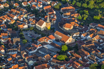 Protestant church in the village center in the evening in the district Godramstein in Landau in der Pfalz in the state Rhineland-Palatinate, Germany