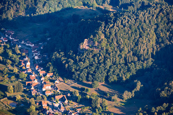 Rocher du Wachtfels (rock formation) above the cemetery in Obersteinbach in the state Bas-Rhin, France