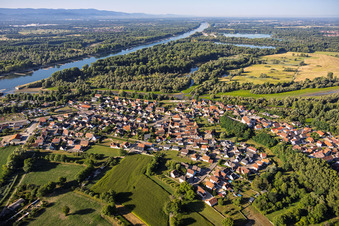 Village view from the northwest at the mouth of the Sauer into the Rhine in Munchhausen in the state Bas-Rhin, France