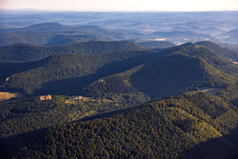 The Wasgau region from the south, featuring Fleckenstein Castle and the three castle ruins of Krappenfels, Löwenstein, and Hoheburg in Lembach in the state Bas-Rhin, France