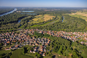 View of the village from the north at the confluence of the Sauer and Rhine rivers in Munchhausen in the state Bas-Rhin, France