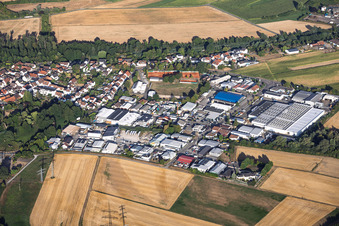 Gewerbering (industrial zone) from the east, featuring Hans Höffele Industriewatte GmbH and the indoor tennis center in the district Hochstetten in Linkenheim-Hochstetten in the state Baden-Wuerttemberg, Germany