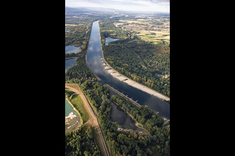 Sandbanks and groynes at low water on the Rhine between Hördter Rheinaue and Rott Island in Hördt in the state Rhineland-Palatinate, Germany