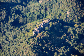 Altdahn castle complex from the north, featuring the ruins of Grafendahn and Tanstein castles in Dahn in the state Rhineland-Palatinate, Germany