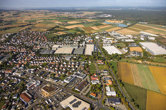 Stockstädter Weg Industrial Park and Industry & Trade Park (view from the east) featuring Kühne + Nagel (AG & Co.) KG, Viking Office Deutschland GmbH, GDC Deutschland GmbH, and VCA Logistik + Services GmbH & Co. KG in Großostheim in the state Bavaria, Germany
