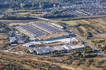 Uchtweide industrial area with Seifert Logistics Group, Mercedes-Benz, Logo-Pack GmbH (export packaging), and Dambach Lagersysteme GmbH & Co. KG in Bischweier in the state Baden-Wuerttemberg, Germany