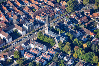 Pforzheimer Straße with Herz-Jesu-Kirche (Church of the Sacred Heart) in Ettlingen in the state Baden-Wuerttemberg, Germany