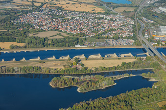 The Rhine from the east at low water in the district Knielingen in Karlsruhe in the state Baden-Wuerttemberg, Germany