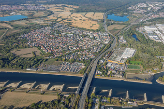 Maxau Rhine bridges (for the B10 and regional rail) at low water in the district Knielingen in Karlsruhe in the state Baden-Wuerttemberg, Germany