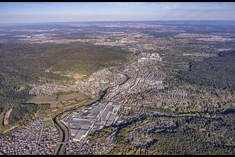 Cityscape with the Daimler plant, viewed from the southeast in Gaggenau in the state Baden-Wuerttemberg, Germany