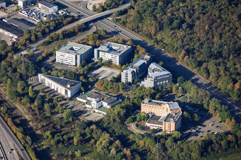 Am Hardtwald district with Radisson Blu Hotel, DACHSER Logistics Center (Karlsruhe Air & Sea Logistics), and Atrium Möbel und Design GmbH in Ettlingen in the state Baden-Wuerttemberg, Germany