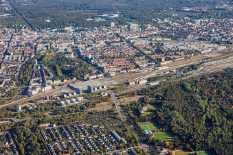 Cityscape From the south via the B10/Südtangente, passing the Central Station Karlsruhe and the Stadtgarten, to the Palace and Wildparkstadion in the district Südweststadt in Karlsruhe in the state Baden-Wuerttemberg, Germany