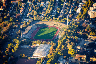 Südweststadion with a stand overgrown by bushes, and Sportpark Südwest in the district Süd in Ludwigshafen in the state Rhineland-Palatinate, Germany