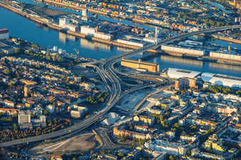 Construction site for the demolition of the Hochstraße Nord (B44) elevated road—making way for the planned Helmut-Kohl-Allee—and ramp to the closed Kurt-Schumacher-Brücke following the demolition of the "Würfelbunker" and the Rathaus-Center in the district Mitte in Ludwigshafen in the state Rhineland-Palatinate, Germany