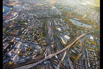 Central Station (Hauptbahnhof) Ludwigshafen beneath the pylon bridge carrying the B37 in the district Süd in Ludwigshafen in the state Rhineland-Palatinate, Germany