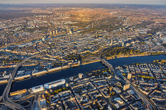 City overview from the west, showing the Rhein-Galerie between the Kurt-Schumacher-Brücke (B44) and Konrad-Adenauer-Brücke (B37) towards Mannheim in the district Mitte in Ludwigshafen in the state Rhineland-Palatinate, Germany