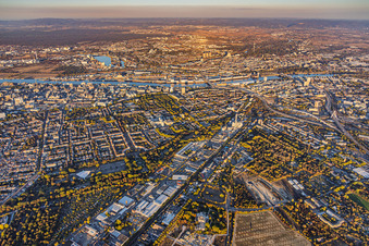 City overview from the west, spanning from Industriestraße to BASF on the Rhine in the district Friesenheim in Ludwigshafen in the state Rhineland-Palatinate, Germany