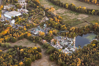 Sky-Scream and other roller coasters at Plopsaland Germany in Haßloch in the state Rhineland-Palatinate, Germany