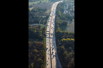 The A5 motorway, viewed between interchanges Karlsruhe and Ettlingen exit in the district Rüppurr in Karlsruhe in the state Baden-Wuerttemberg, Germany