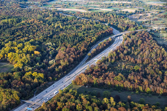The A5 motorway and its transition to the A6 at the interchange in the district Rüppurr in Karlsruhe in the state Baden-Wuerttemberg, Germany