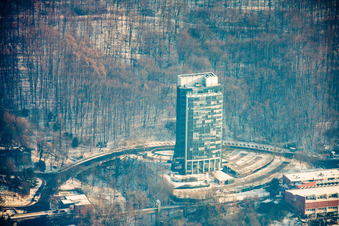 Wintry snowy High-rise buildings of Heidelberger Versicherung in the district Emmertsgrund-Sued in Heidelberg in the state Baden-Wurttemberg