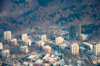 Winter view of the Waldpark School from the west with snow in the district Boxberg in Heidelberg in the state Baden-Wuerttemberg, Germany