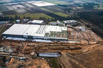 Construction of a new logistics hall in the Am Horst industrial estate in the district Minderslachen in Kandel in the state Rhineland-Palatinate, Germany seen from above