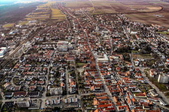 Aerial view of Street - road guidance of Rheinstrasse in Kandel in the state Rhineland-Palatinate