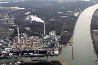 Aerial view of Rhine port steam power plant construction site new coal-fired power plant in the district Daxlanden in Karlsruhe in the state Baden-Wuerttemberg, Germany