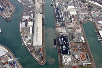 Aerial view of Hall of Jerich Germany Karlsruhe in the Rhine port in the district Mühlburg in Karlsruhe in the state Baden-Wuerttemberg, Germany