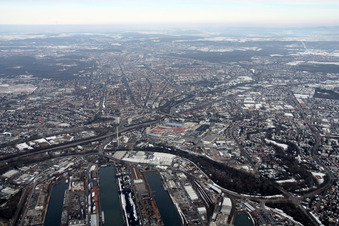 Aerial view of From the southwest in the district Mühlburg in Karlsruhe in the state Baden-Wuerttemberg, Germany