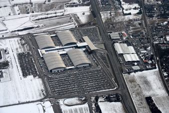 Aerial view of Dm-arena, New Trade Fair in the district Forchheim in Rheinstetten in the state Baden-Wuerttemberg, Germany