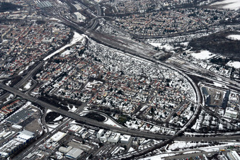 City district overview in winter with snow in the district Beiertheim-Bulach in Karlsruhe in the state Baden-Wuerttemberg, Germany