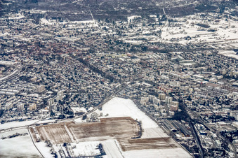 City view in winter with snow in Ettlingen in the state Baden-Wuerttemberg, Germany