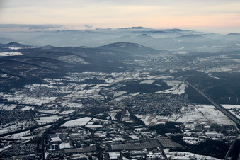 View of a village on the edge of the Black Forest in winter with snow in the district Bruchhausen in Ettlingen in the state Baden-Wuerttemberg, Germany