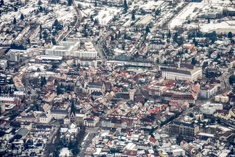 City center from the south in winter with snow in Ettlingen in the state Baden-Wuerttemberg, Germany